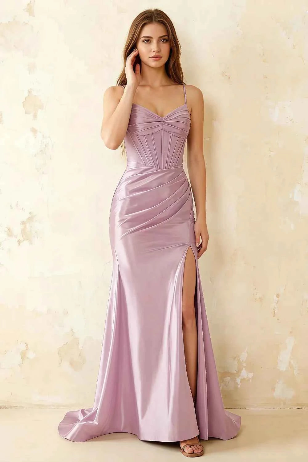 Jill Lilac Satin Ruched Lace-up Maxi Dress