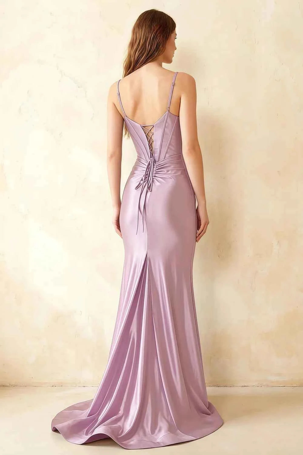 Jill Lilac Satin Ruched Lace-up Maxi Dress