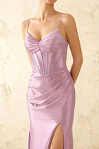 Jill Lilac Satin Ruched Lace-up Maxi Dress