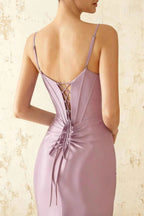 Jill Lilac Satin Ruched Lace-up Maxi Dress