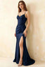 Jill Navy Blue Satin Ruched Lace-up Maxi Dress