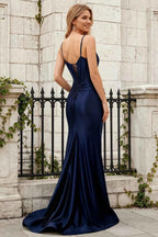 Jill Navy Blue Satin Ruched Lace-up Maxi Dress