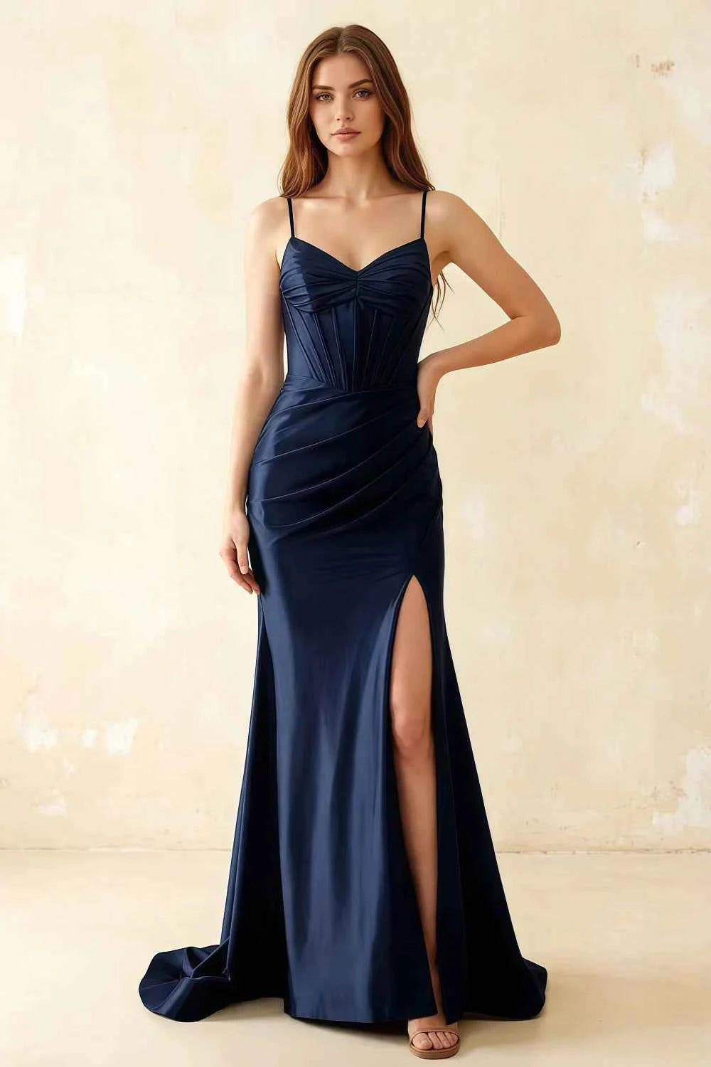 Jill Navy Blue Satin Ruched Lace-up Maxi Dress