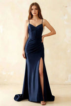 Jill Navy Blue Satin Ruched Lace-up Maxi Dress