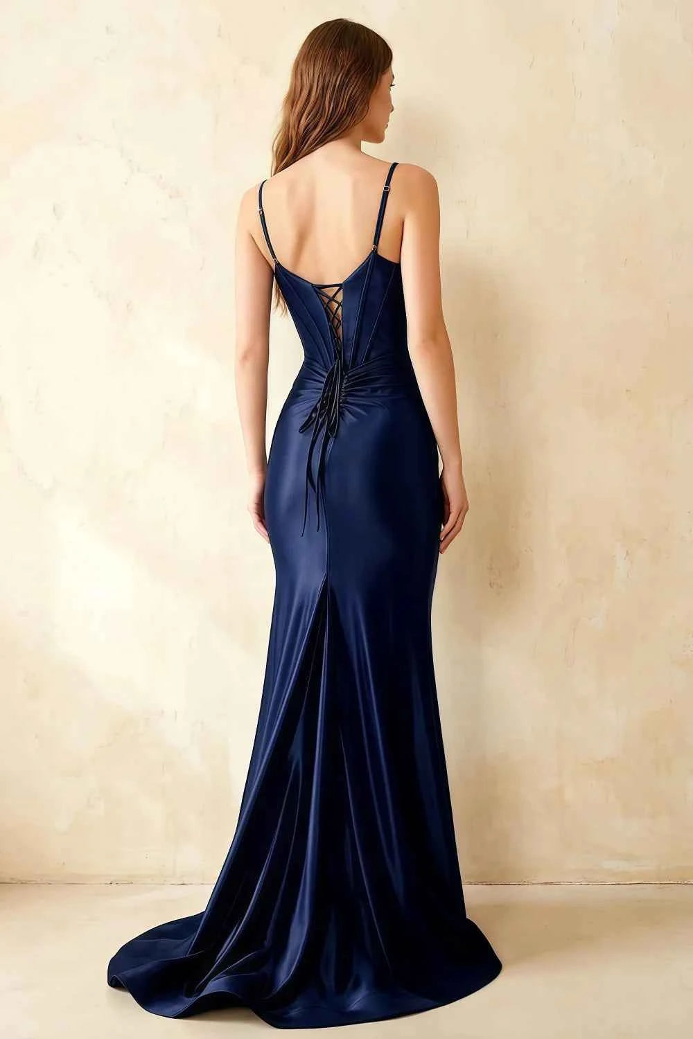 Jill Navy Blue Satin Ruched Lace-up Maxi Dress