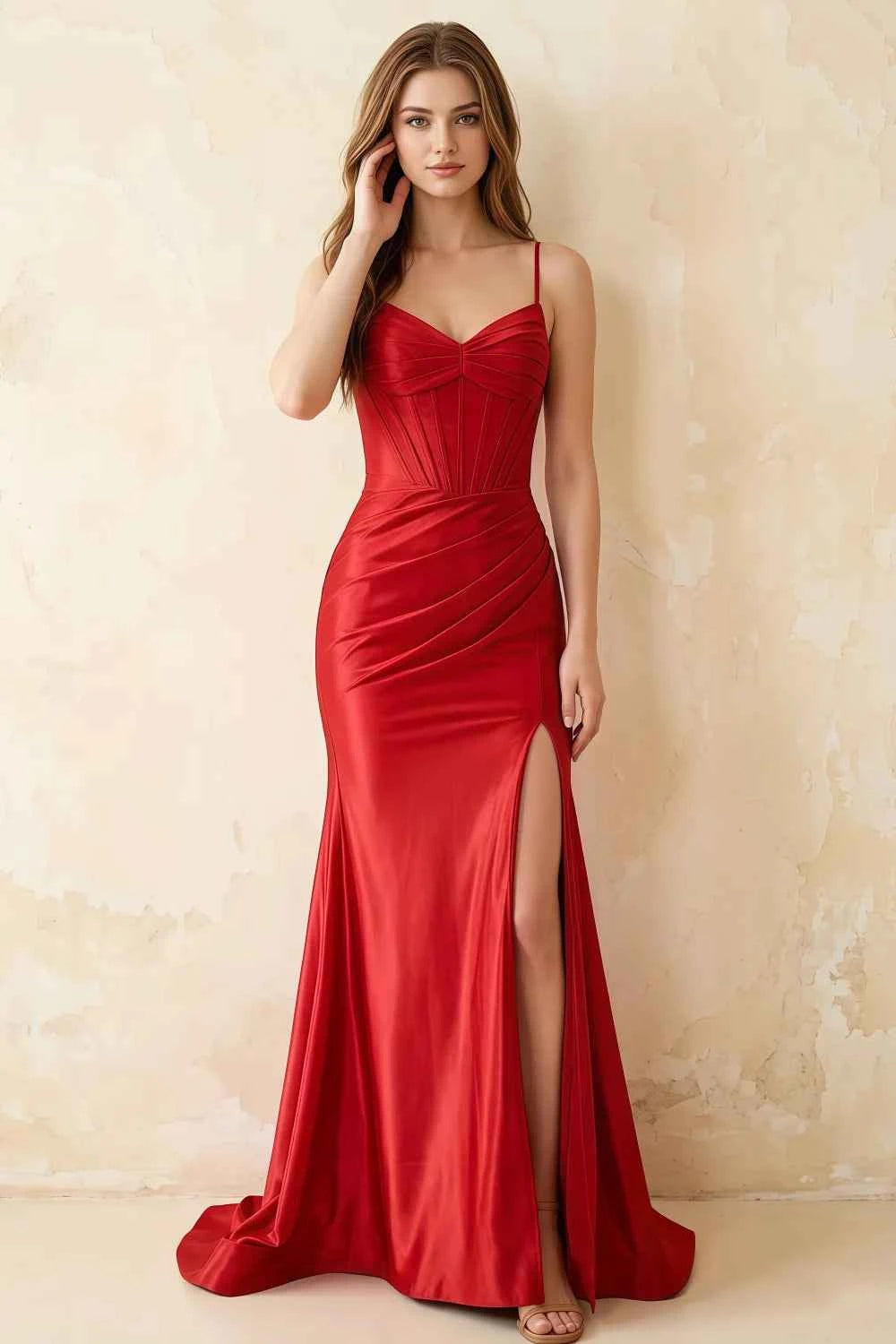 Jill Red Satin Ruched Lace-up Maxi Dress