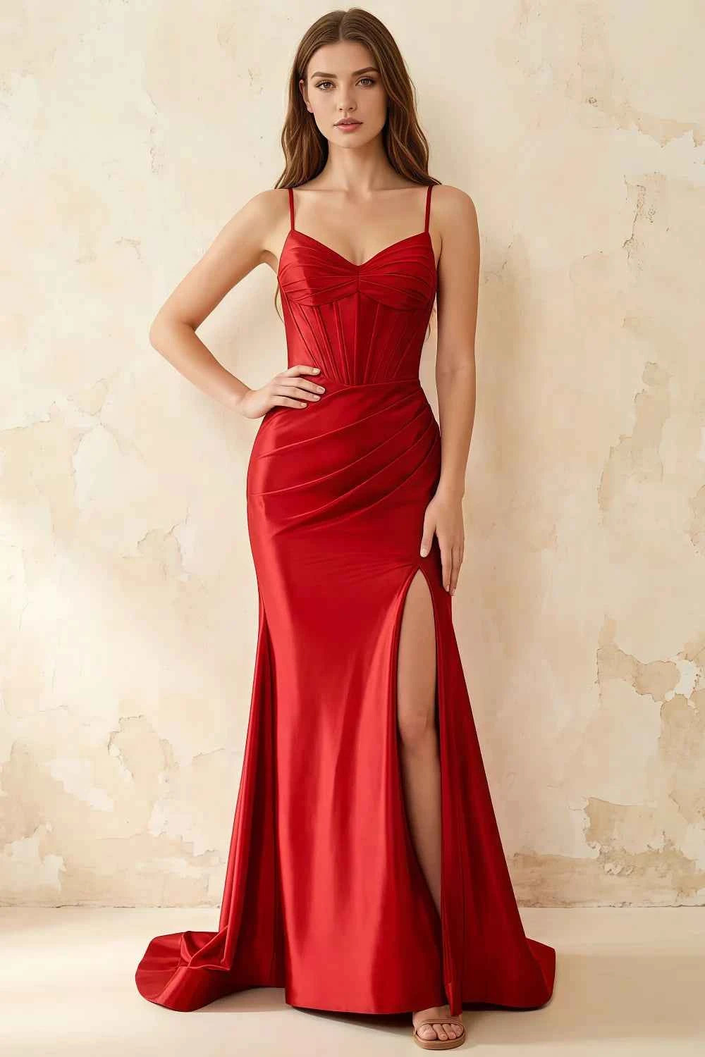 Jill Red Satin Ruched Lace-up Maxi Dress