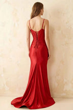 Jill Red Satin Ruched Lace-up Maxi Dress