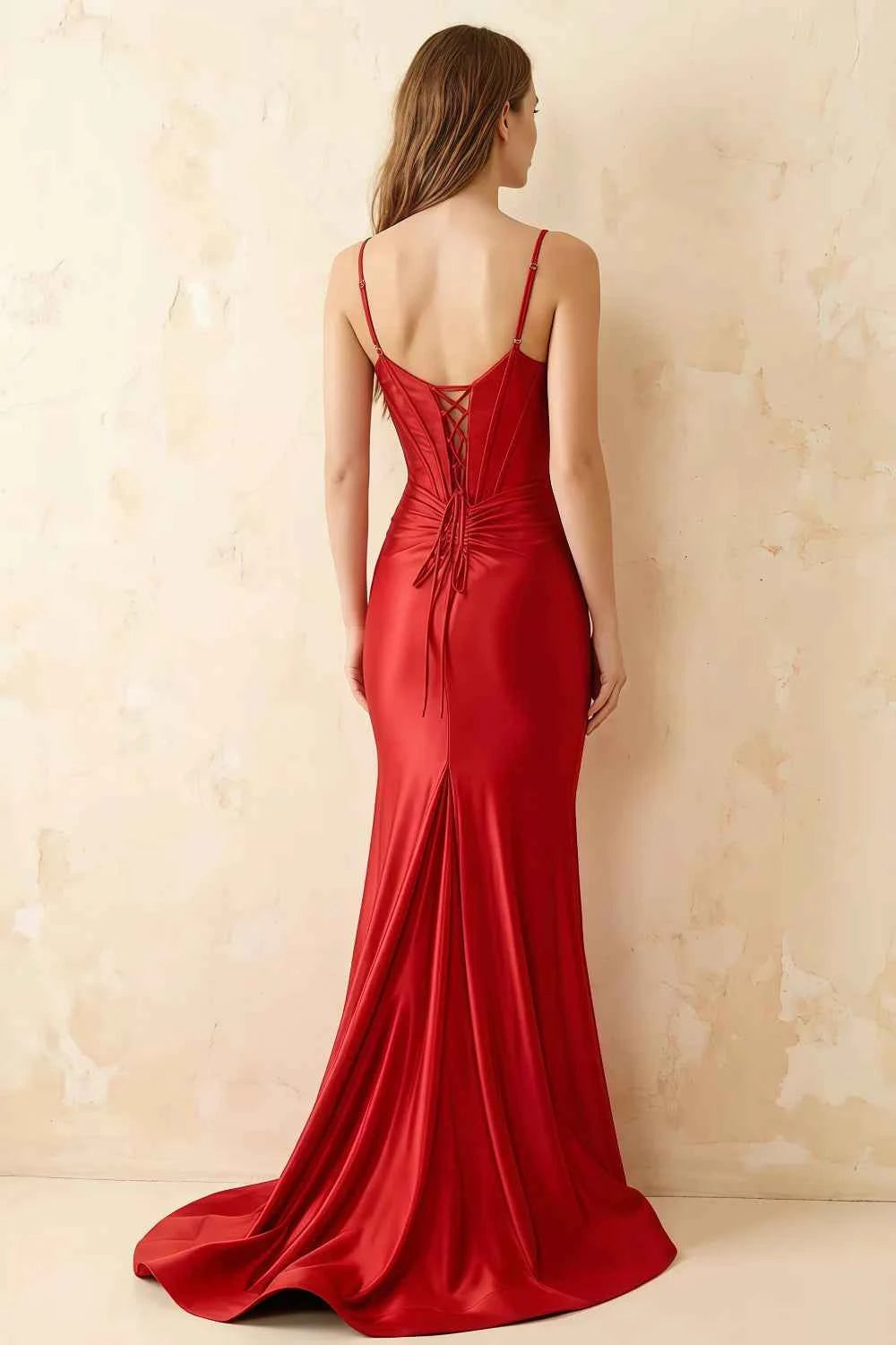 Jill Red Satin Ruched Lace-up Maxi Dress
