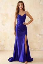 Jill Royal Blue Satin Ruched Lace-up Maxi Dress