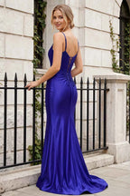 Jill Royal Blue Satin Ruched Lace-up Maxi Dress