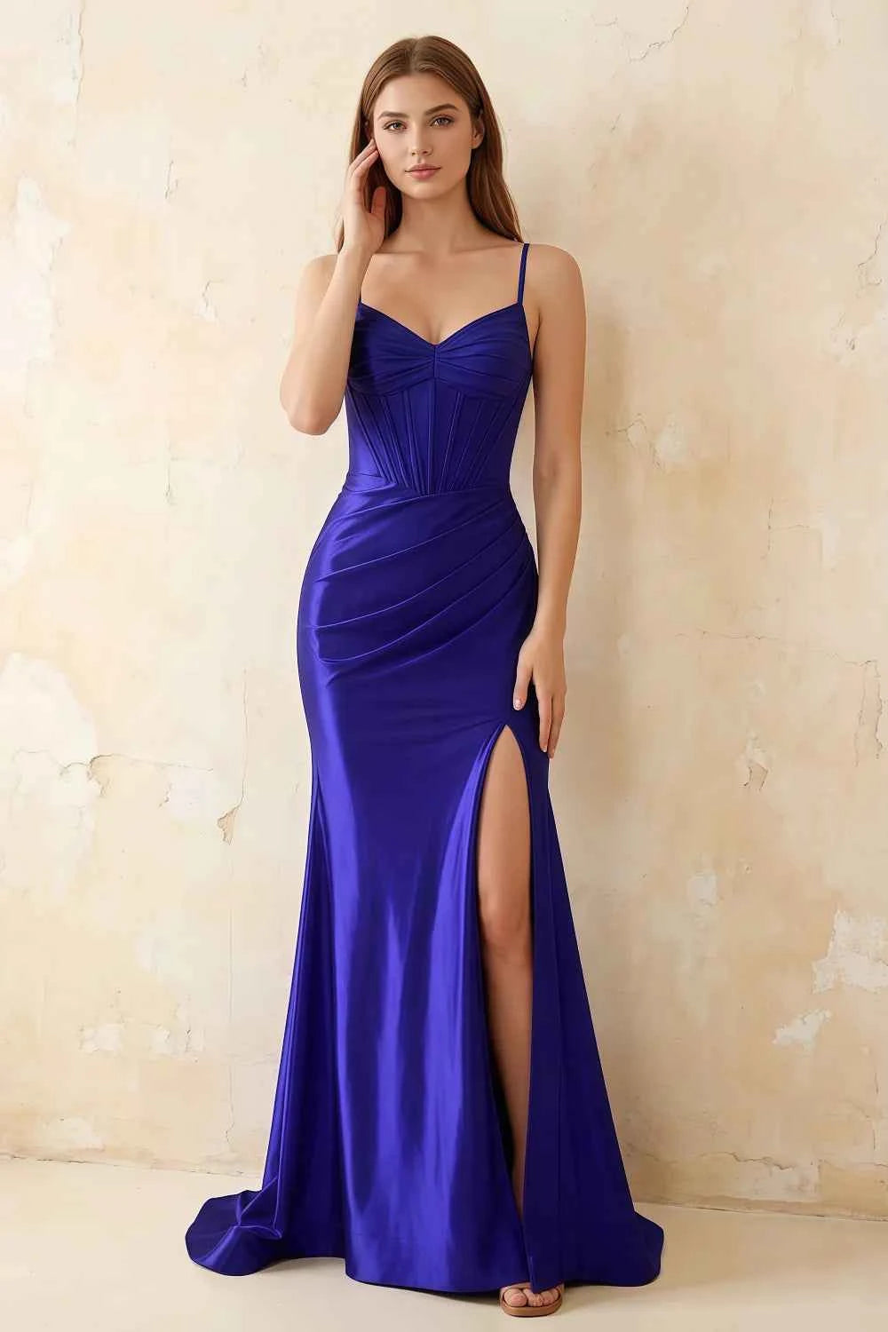 Jill Royal Blue Satin Ruched Lace-up Maxi Dress