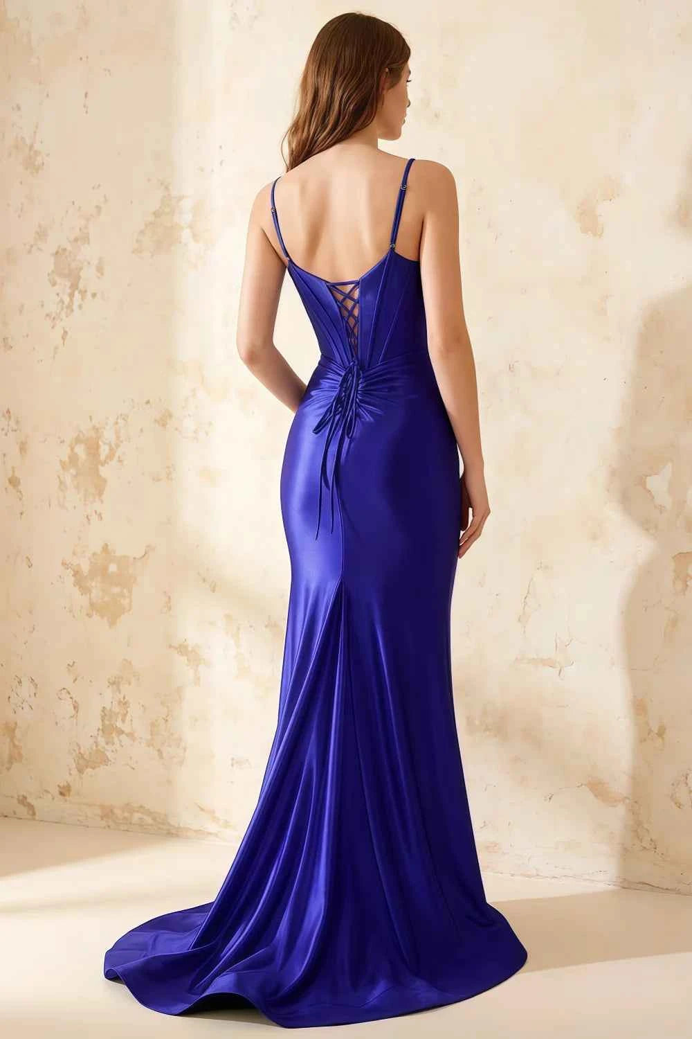 Jill Royal Blue Satin Ruched Lace-up Maxi Dress
