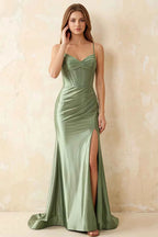 Jill Sage Green Satin Ruched Lace-up Maxi Dress