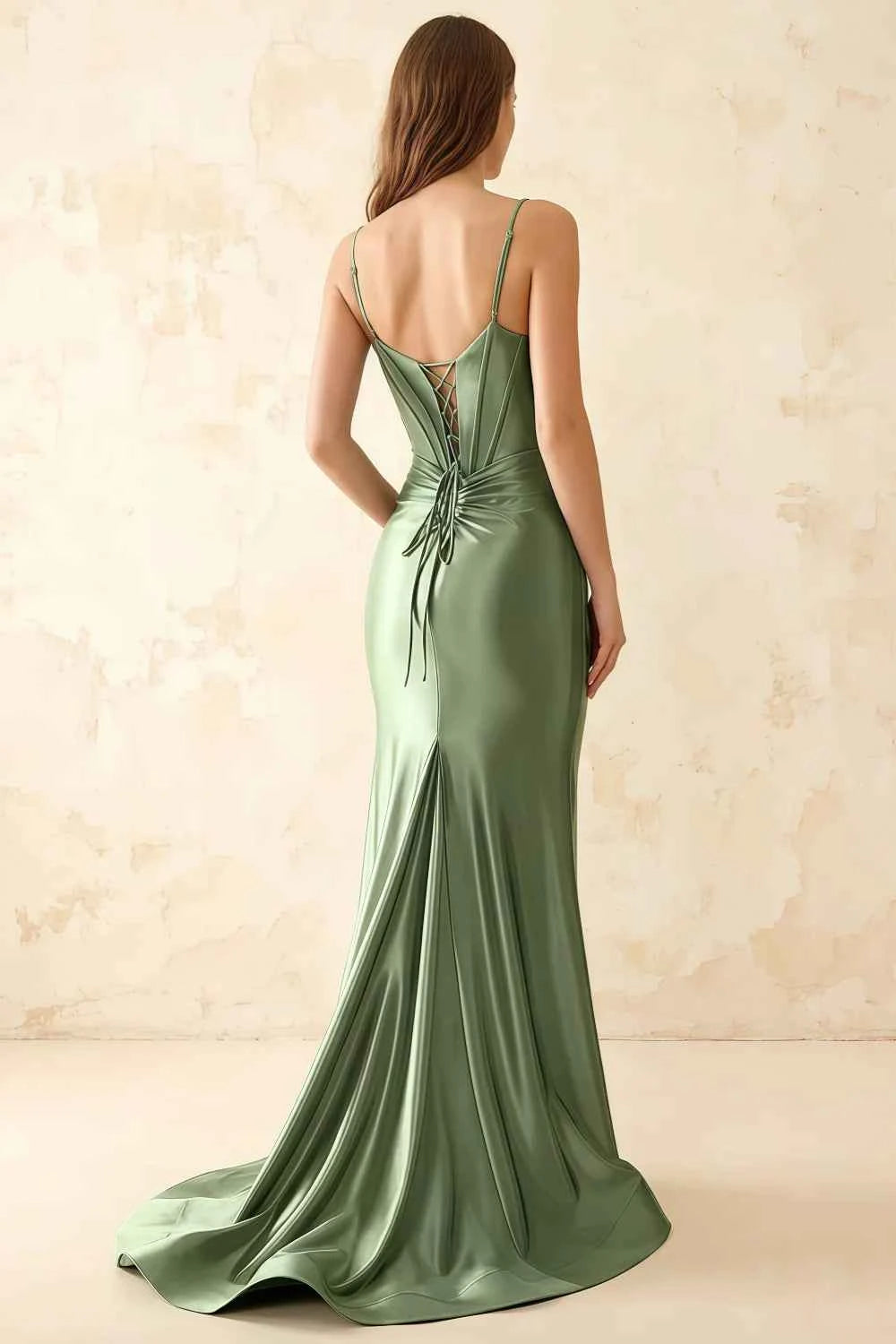 Jill Sage Green Satin Ruched Lace-up Maxi Dress