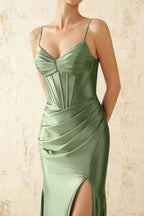 Jill Sage Green Satin Ruched Lace-up Maxi Dress