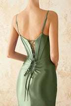 Jill Sage Green Satin Ruched Lace-up Maxi Dress