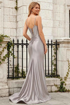 Jill Silver Satin Ruched Lace-up Maxi Dress