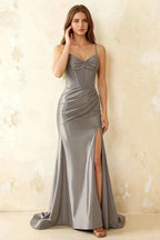 Jill Silver Satin Ruched Lace-up Maxi Dress