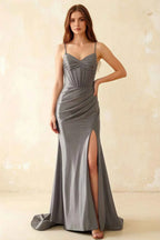 Jill Silver Satin Ruched Lace-up Maxi Dress