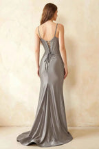 Jill Silver Satin Ruched Lace-up Maxi Dress