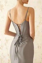 Jill Silver Satin Ruched Lace-up Maxi Dress