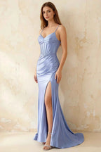 Jill Sky Blue Satin Ruched Lace-up Maxi Dress