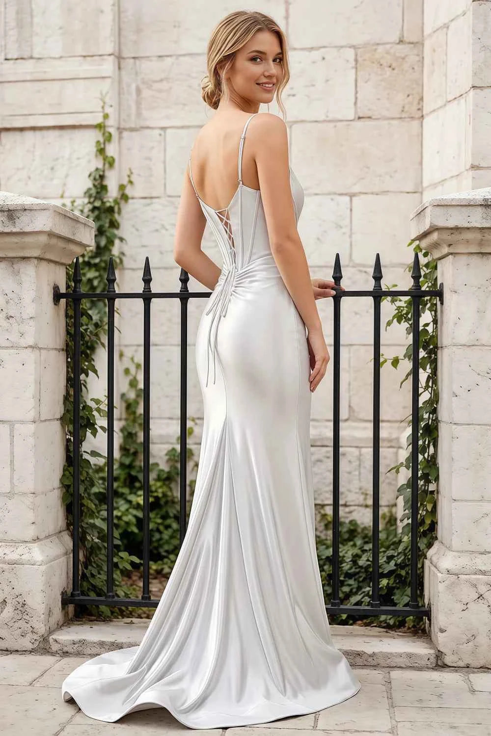 Jill White Satin Ruched Lace-up Maxi Dress