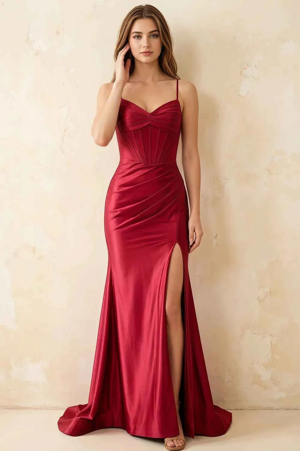 Jill Wine Satin Ruched Lace-up Maxi Dress