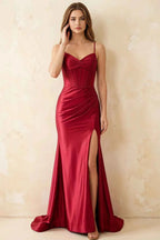 Jill Wine Satin Ruched Lace-up Maxi Dress