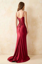 Jill Wine Satin Ruched Lace-up Maxi Dress