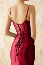 Jill Wine Satin Ruched Lace-up Maxi Dress