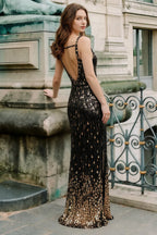 Jillian Black Sequin Open Back Slit Maxi Dress