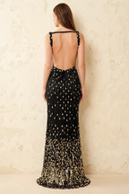 Jillian Black Sequin Open Back Slit Maxi Dress