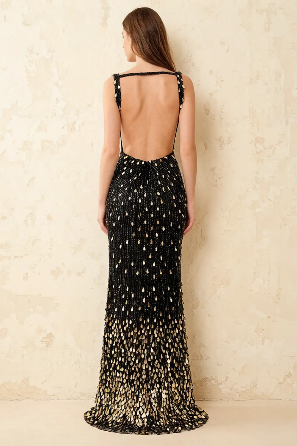 Jillian Black Sequin Open Back Slit Maxi Dress
