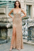 Jillian Champagne Sequin Open Back Slit Maxi Dress