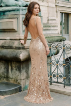 Jillian Champagne Sequin Open Back Slit Maxi Dress