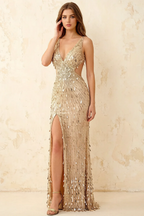 Jillian Champagne Sequin Open Back Slit Maxi Dress