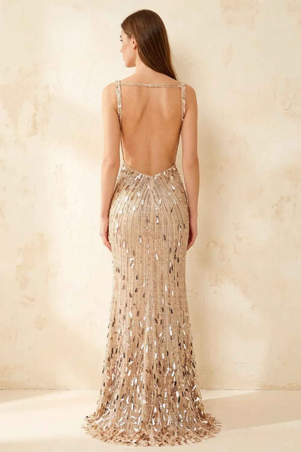 Jillian Champagne Sequin Open Back Slit Maxi Dress