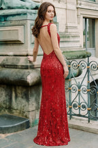 Jillian Red Sequin Open Back Slit Maxi Dress