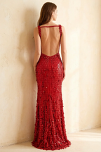Jillian Red Sequin Open Back Slit Maxi Dress