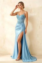 Joan Baby Blue Satin Mermaid Beaded Maxi Dress