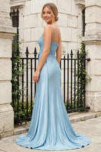 Joan Baby Blue Satin Mermaid Beaded Maxi Dress