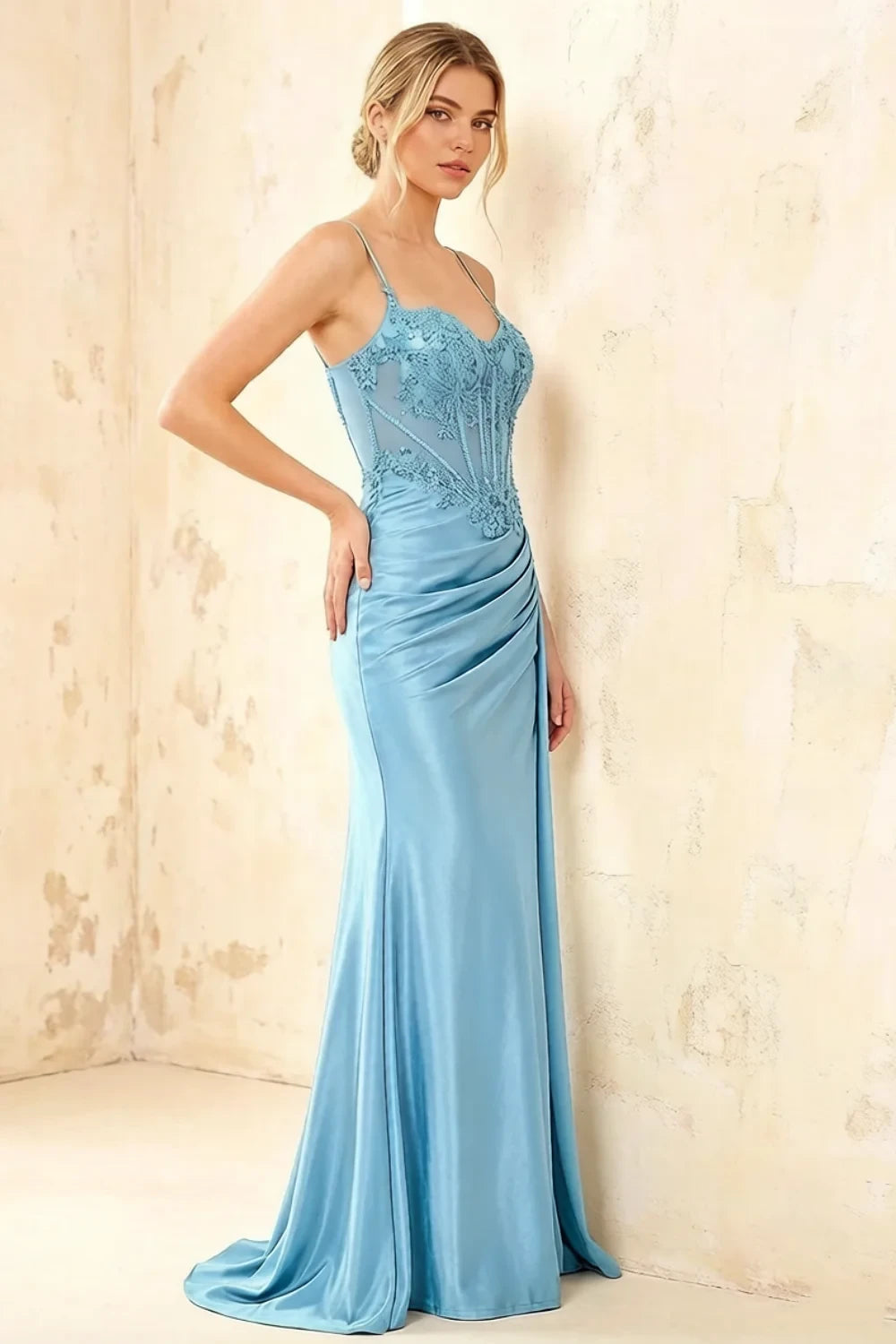 Joan Baby Blue Satin Mermaid Beaded Maxi Dress