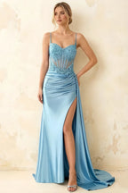 Joan Baby Blue Satin Mermaid Beaded Maxi Dress