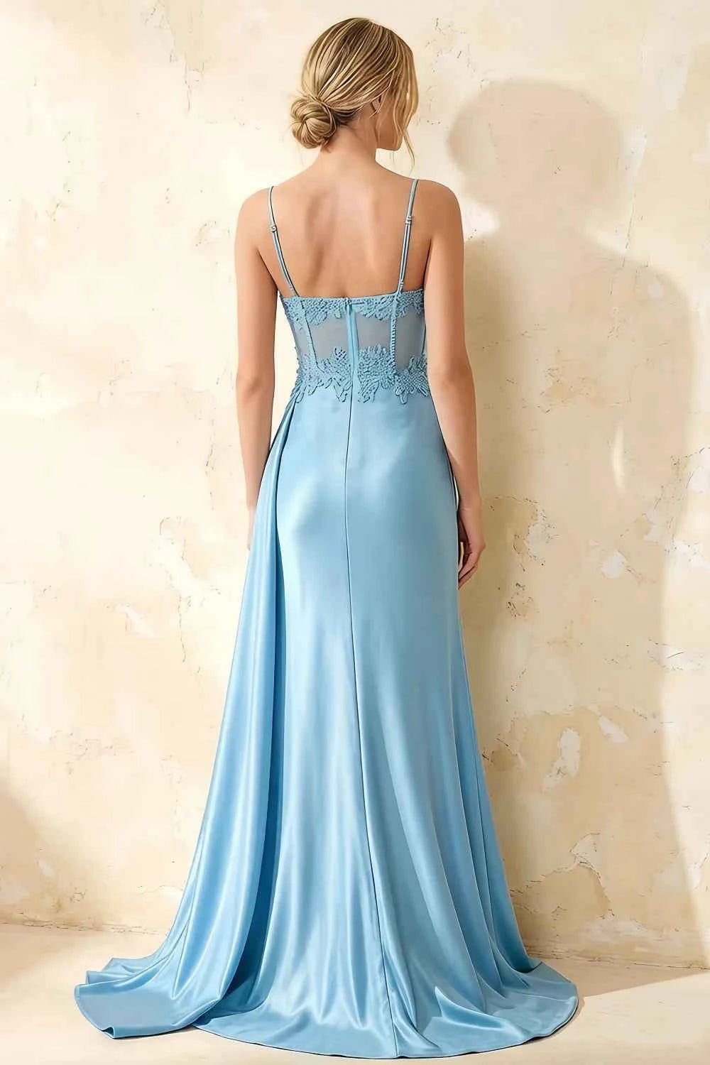 Joan Baby Blue Satin Mermaid Beaded Maxi Dress