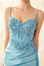 Joan Baby Blue Satin Mermaid Beaded Maxi Dress