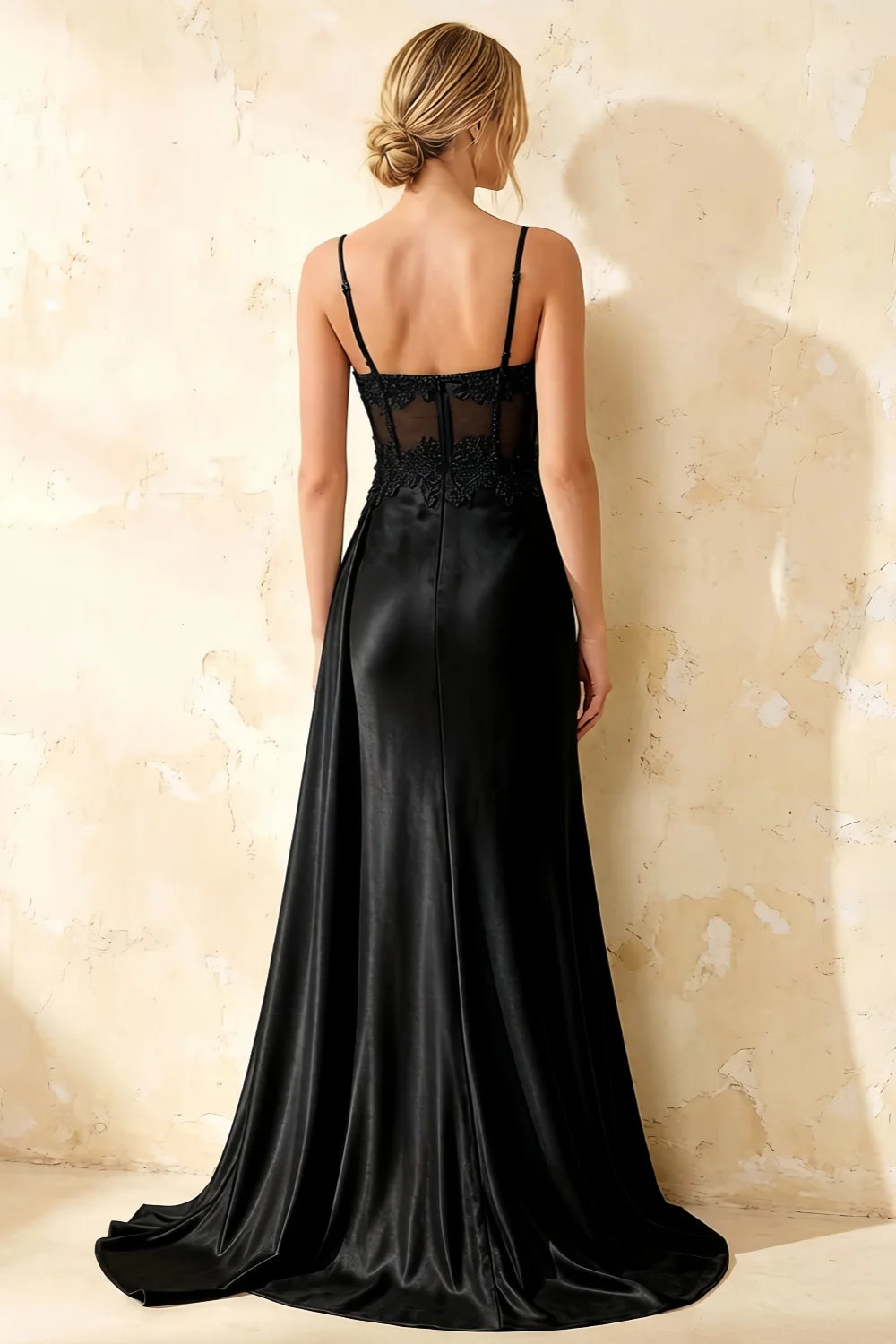 Joan Black Satin Mermaid Beaded Maxi Dress