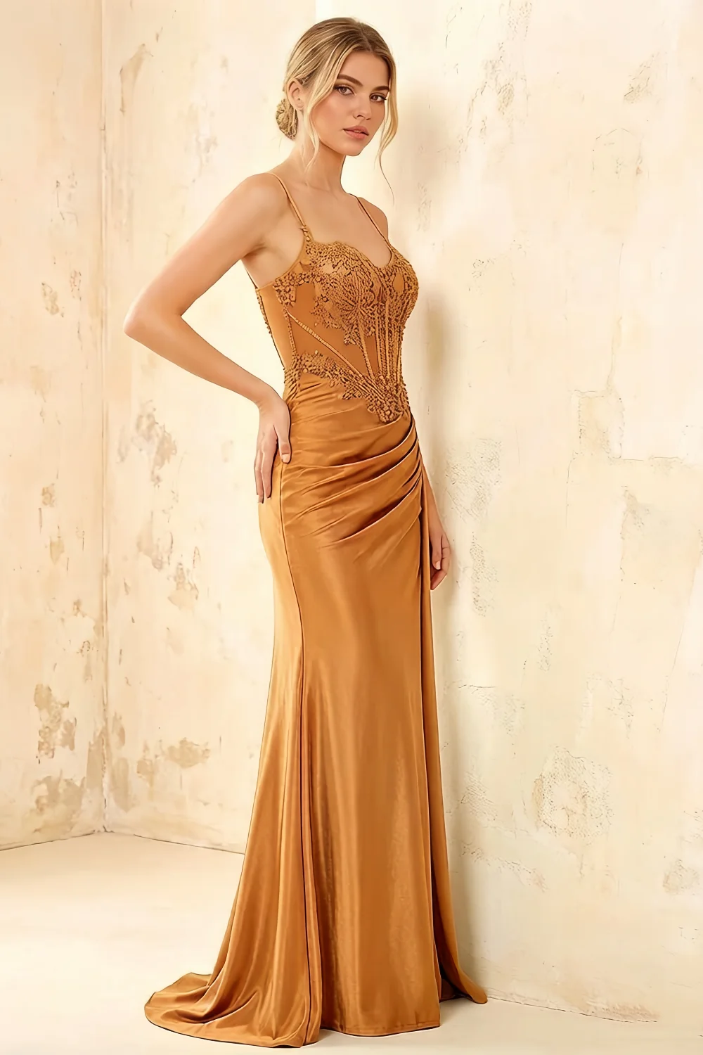 Joan Bronze Satin Mermaid Beaded Maxi Dress