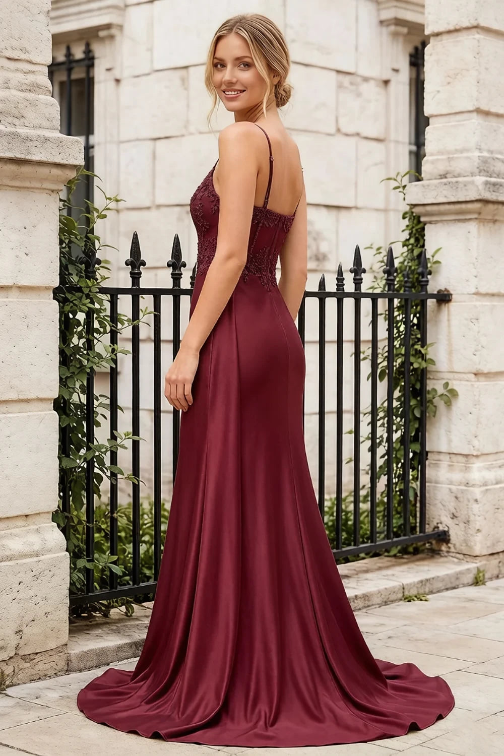 Joan Burgundy Satin Mermaid Beaded Maxi Dress
